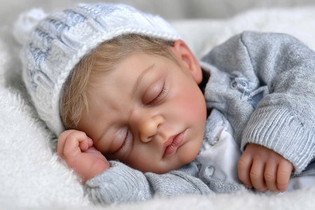 A realistic baby doll rests quietly, wrapped in a cozy knit outfit and soft blanket, evoking tranquility and innocence.の素材
