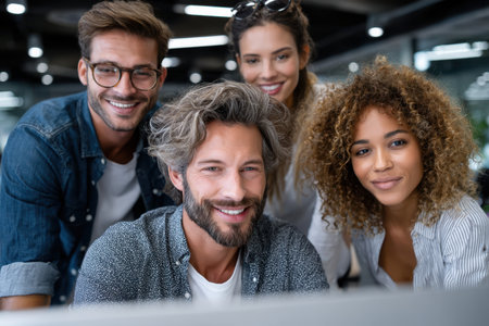Four friends gather around a computer in a contemporary office, sharing ideas and smiles during a productive moment.の素材