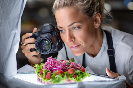 A chef skillfully photographs a colorful salad filled with fresh ingredients in a modern kitchen.の素材