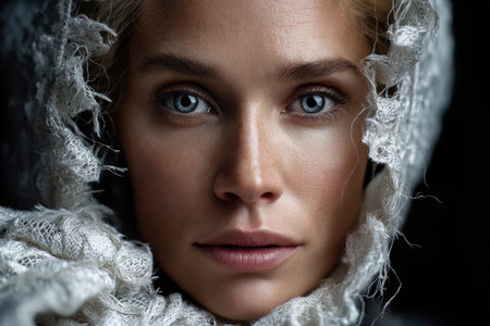 Woman with striking blue eyes gazes directly at the viewer, her head wrapped in a delicate scarf indoors.の素材