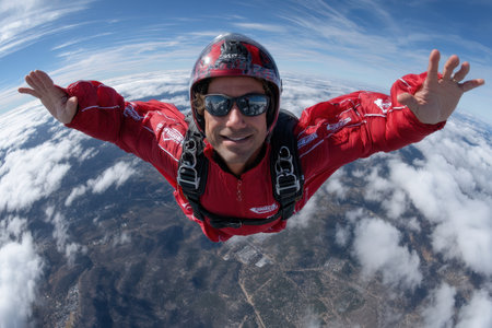 A skydiver in a red jumpsuit glides through the sky, smiling against a backdrop of fluffy clouds and mountains.の素材
