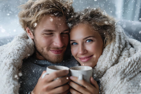 A couple wrapped in blankets drinks hot beverages while snow falls outside their window, radiating warmth.の素材