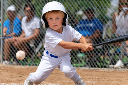 A child in a white uniform focuses intently while preparing to hit a baseball during practice.の素材
