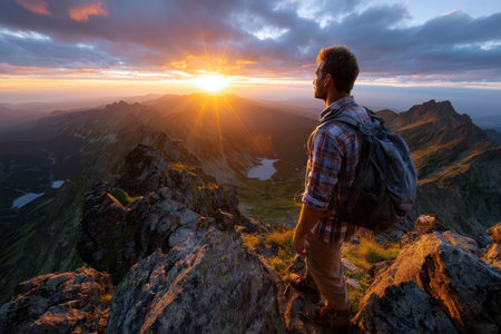 A hiker stands on a rocky ledge, admiring a vibrant sunset over distant mountains and valleys.の素材