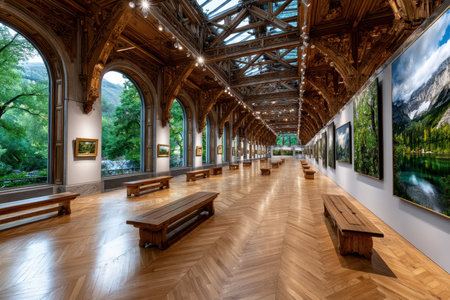 Visitors explore an art gallery filled with stunning nature paintings, surrounded by elegant architecture and greenery.の素材