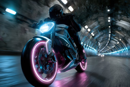 Rider speeds through a dark tunnel, illuminated by blue and pink lights reflecting off the wet surface.の素材