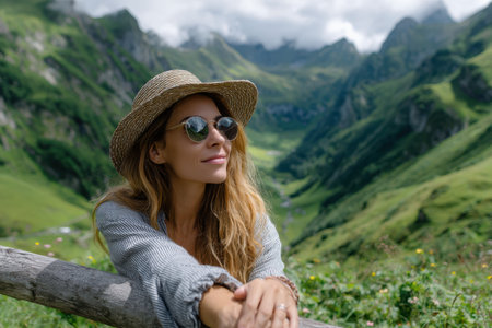 A woman relaxes by a wooden fence, taking in the stunning mountain landscape under a sunny sky.の素材