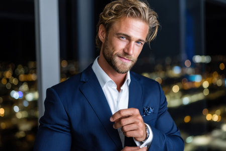 A man in a blue suit adjusts his cufflinks, showing confidence and style against a city backdrop at night.の素材