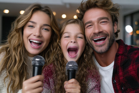 A joyful family of three enjoys a karaoke session, smiling and singing with microphones in hand.の素材