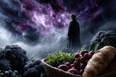 A figure stands amidst vibrant vegetables, gazing at a stunning cosmic display of swirling colors and stars.の素材