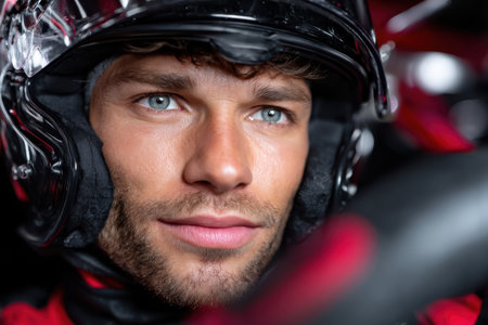 Driver focused on the race, wearing a helmet and gripping the steering wheel tightly inside the car.の素材