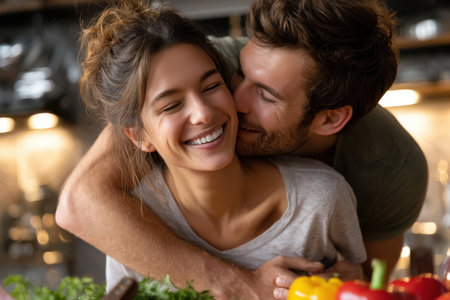 A joyful couple shares laughter and affection while preparing a meal in their warm kitchen filled with fresh vegetables.の素材