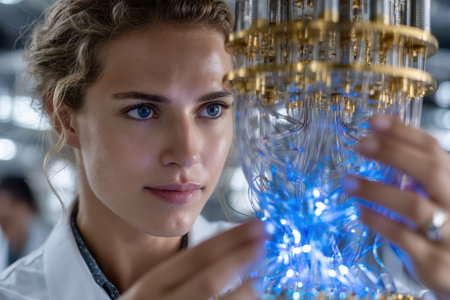 A scientist focuses on intricate machinery with glowing elements in a contemporary lab setting.の素材