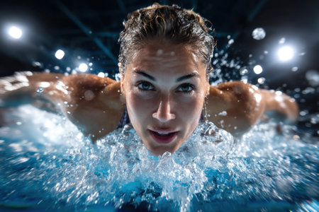 Athlete executing butterfly stroke with determination in a well-lit indoor swimming pool during a meetの素材