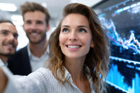 Professionals gather in an office, smiling and posing for a selfie with financial graphs in the background.の素材