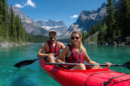 A couple enjoys kayaking on a vibrant river, with stunning mountain views and sunny skies overhead.の素材