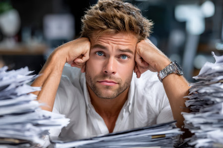 Frustrated young man rests his chin on his hands, surrounded by piles of disorganized paperwork in an office.の素材