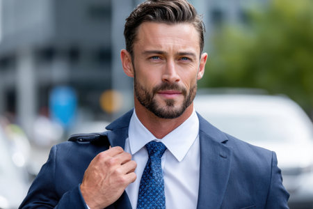 Businessman adjusts his suit while strolling through a busy urban setting on a sunny afternoon.の素材