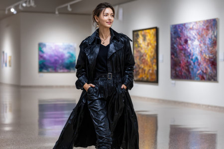 A woman dressed in black leather attire strolls through an art gallery surrounded by colorful abstract artworks.の素材