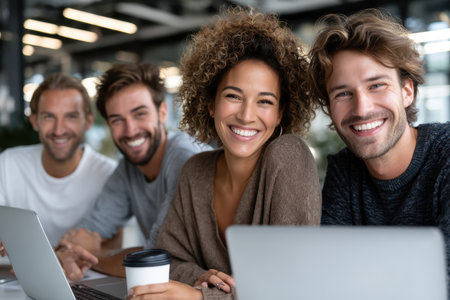 Four friends smile together while working on laptops in a bright, modern office space filled with natural light.の素材