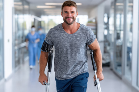 A cheerful man with crutches walks through a bright hospital corridor, radiating determination and positivity.の素材