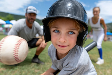 A young boy in a baseball cap and helmet gets ready to swing a bat while participating in a community sports event.の素材