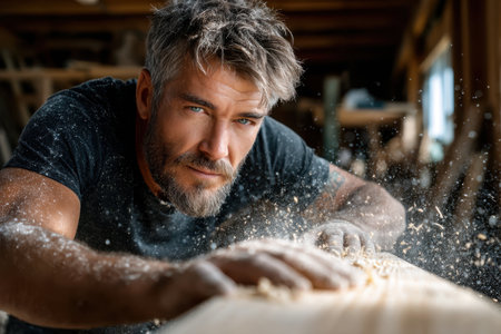 Man with gray hair and beard works meticulously on wood in a bright workshop, surrounded by sawdust.の素材