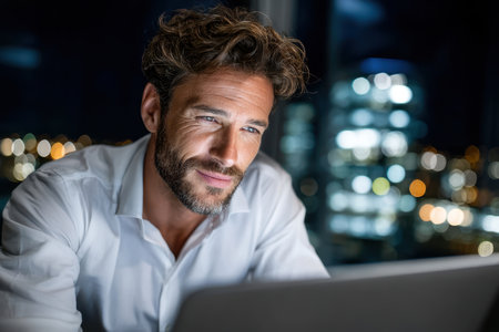 A man focuses on his laptop screen while working in a modern office at night, surrounded by city lights.の素材