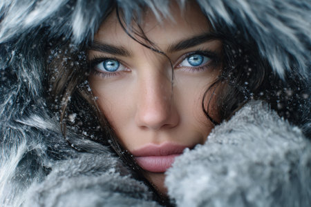 A young woman gazes intensely at the camera while surrounded by falling snowflakes in winter.の素材