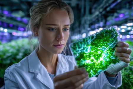 A scientist in a lab coat closely analyzes a glowing plant sample in a high-tech greenhouse.の素材