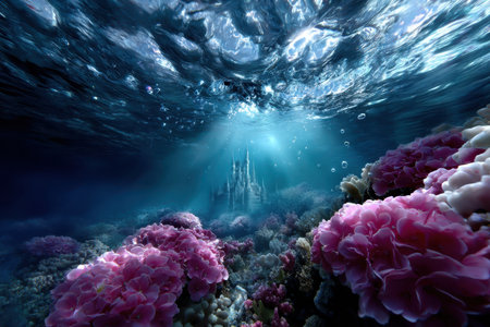 Colorful coral blooms flourish beneath the serene ocean surface, showcasing a hidden castle in the distance.の素材