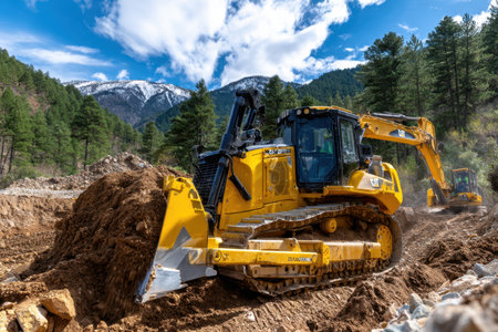 Heavy machinery operates at a construction site in a mountainous region with snow-capped peaks visible.の素材