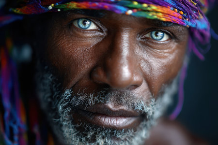 A mature man with deep blue eyes wears a colorful headdress, enhancing his captivating expression.の素材