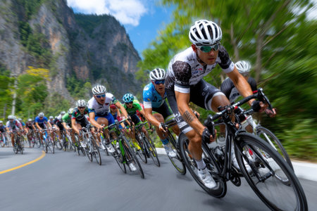 Cyclists are racing in a tight group along a curving road surrounded by mountains and greenery.の素材