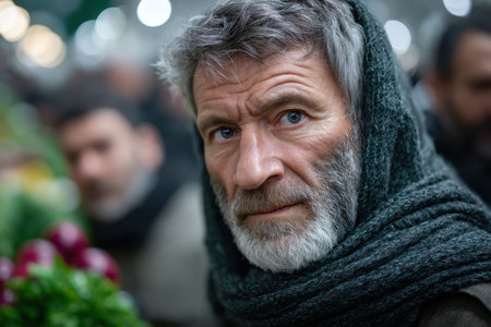 An elderly man with a gray beard and intense gaze stands amid the vibrant market, surrounded by shoppers.の素材