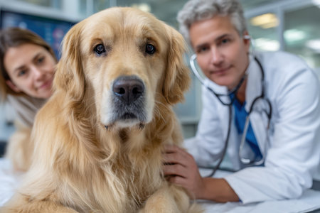 A veterinarian checks a golden retriever's health while the owner watches attentively in the clinic.の素材