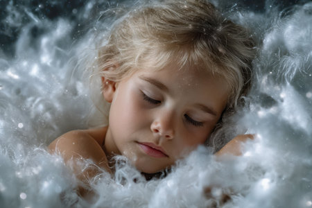 A small child rests quietly, surrounded by fluffy white feathers, creating a tranquil and dreamy atmosphere.の素材