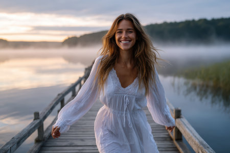 Woman wearing a white dress strolls joyfully along a wooden pier at dawn, surrounded by tranquil water and fog.の素材