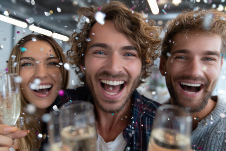 Three friends joyfully celebrate together, raising glasses while confetti falls around them in a lively atmosphere.の素材