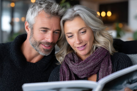 Two adults share a moment of connection, happily reading a magazine in a warm, inviting atmosphere.の素材
