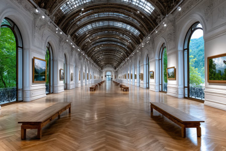 Elegant gallery hallway with tall windows, wooden benches, and art pieces lining the walls, showcasing fine details.の素材