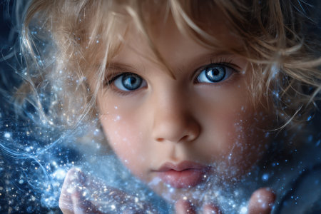A child with striking blue eyes holds out their hands, mesmerized by swirling sparkles in the air.の素材