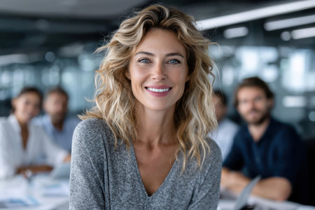 A confident woman with wavy hair smiles warmly while standing in a modern office with coworkers behind her.の素材