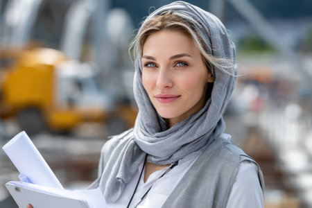 A construction manager with a scarf inspects plans while standing at a busy construction site.の素材