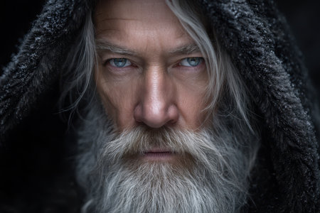 A wise-looking elderly man with a long, white beard is gazing intensely from under a dark hood in a forest.の素材