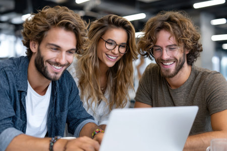 Three friends are engaged in a collaborative project at a stylish workspace, smiling and enjoying their time.の素材
