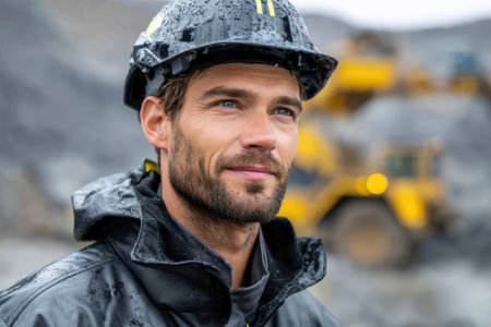 A construction worker stands in a quarry, wearing a helmet and rain gear as rain falls around him.の素材