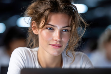 A young woman with curly hair is concentrating on her work in a bright, modern office setting at night.の素材