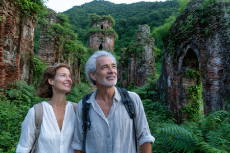 Two travelers admire the ruins surrounded by dense vegetation on a sunny day in a remote location.の素材