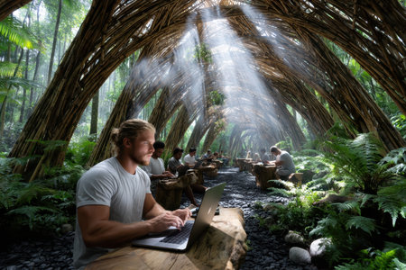 People work together in a lush forest, utilizing bamboo structures for a collaborative and eco-friendly workspace.の素材